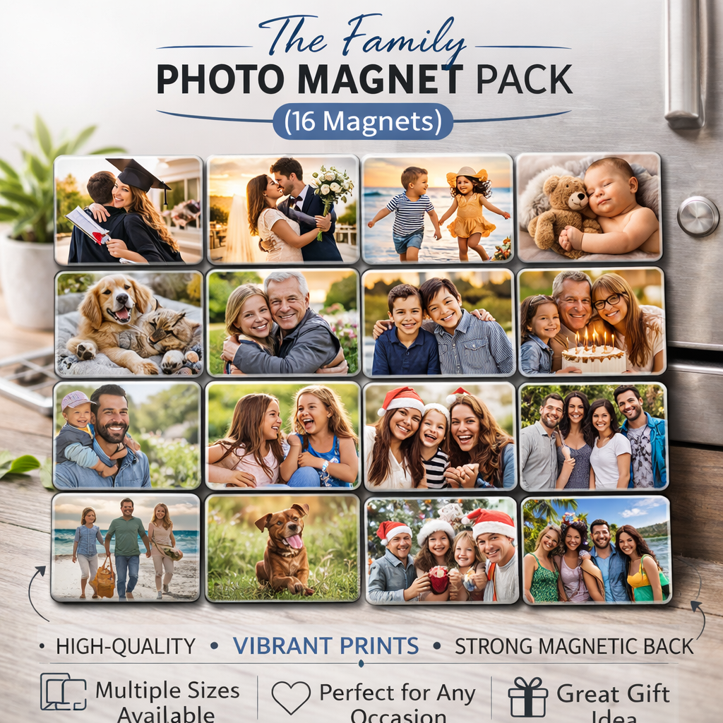 "The Family 16-pack custom photo magnets — personalized photo magnet set for families"