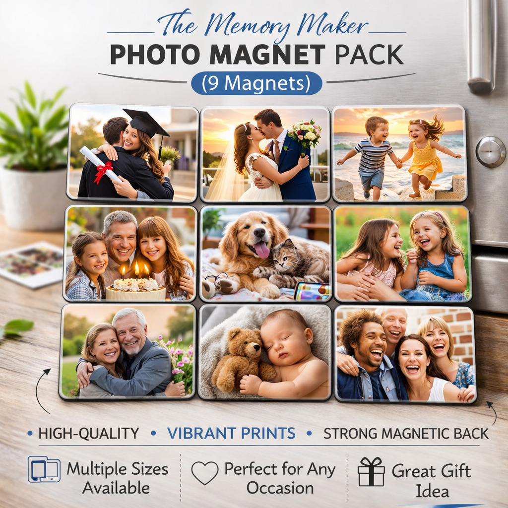 "The Memory Maker 9-pack custom photo magnets — handcrafted personalized fridge magnets"